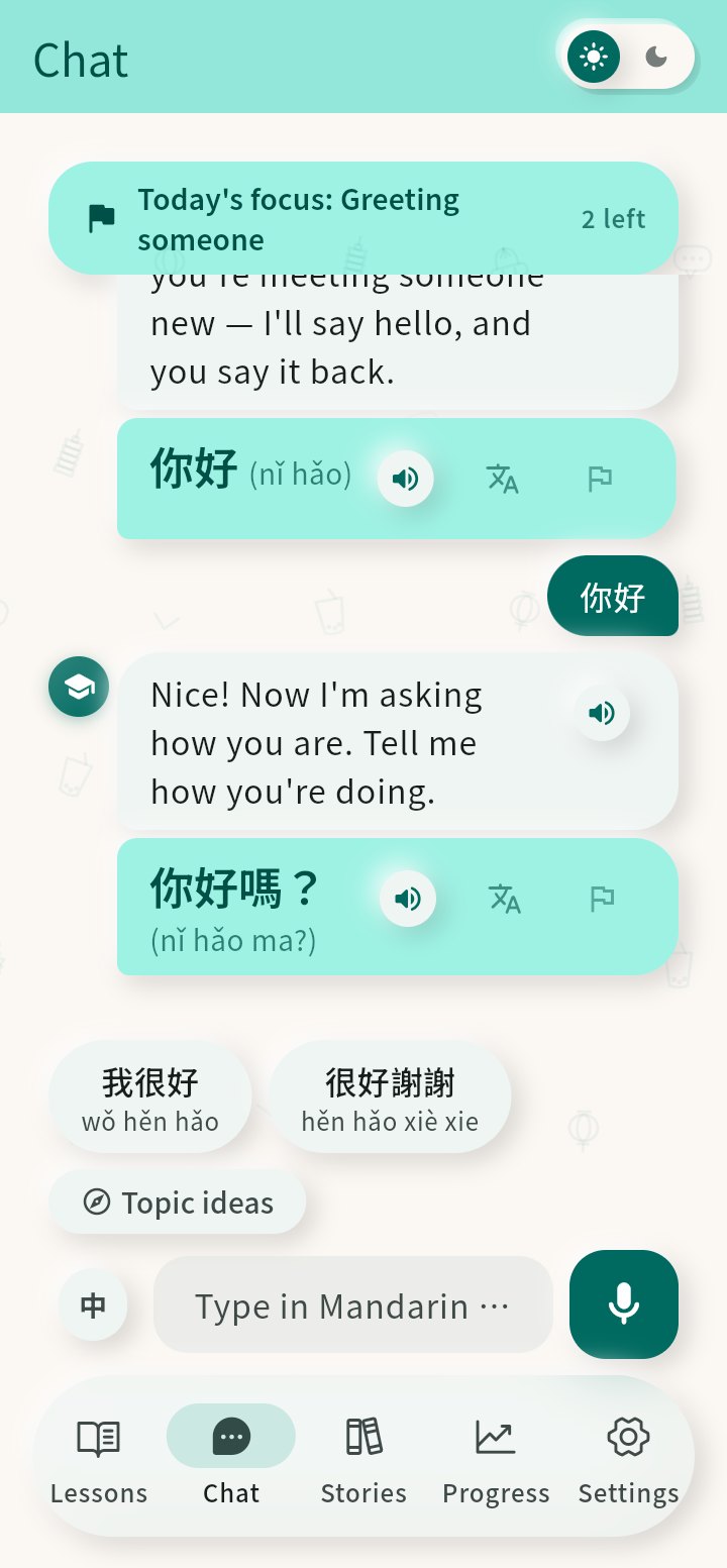 CiaoSpeak's AI teacher mid-conversation: it praises a correct 你好, asks 你好嗎 (how are you?), and offers tappable reply suggestions with pinyin.