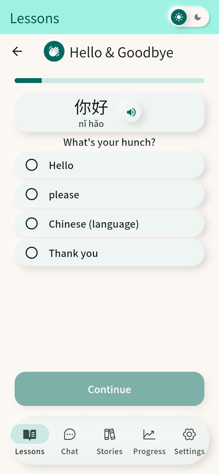 The hunch screen: before teaching 你好 (nǐ hǎo), the app asks "What's your hunch?" with four possible meanings to guess from.