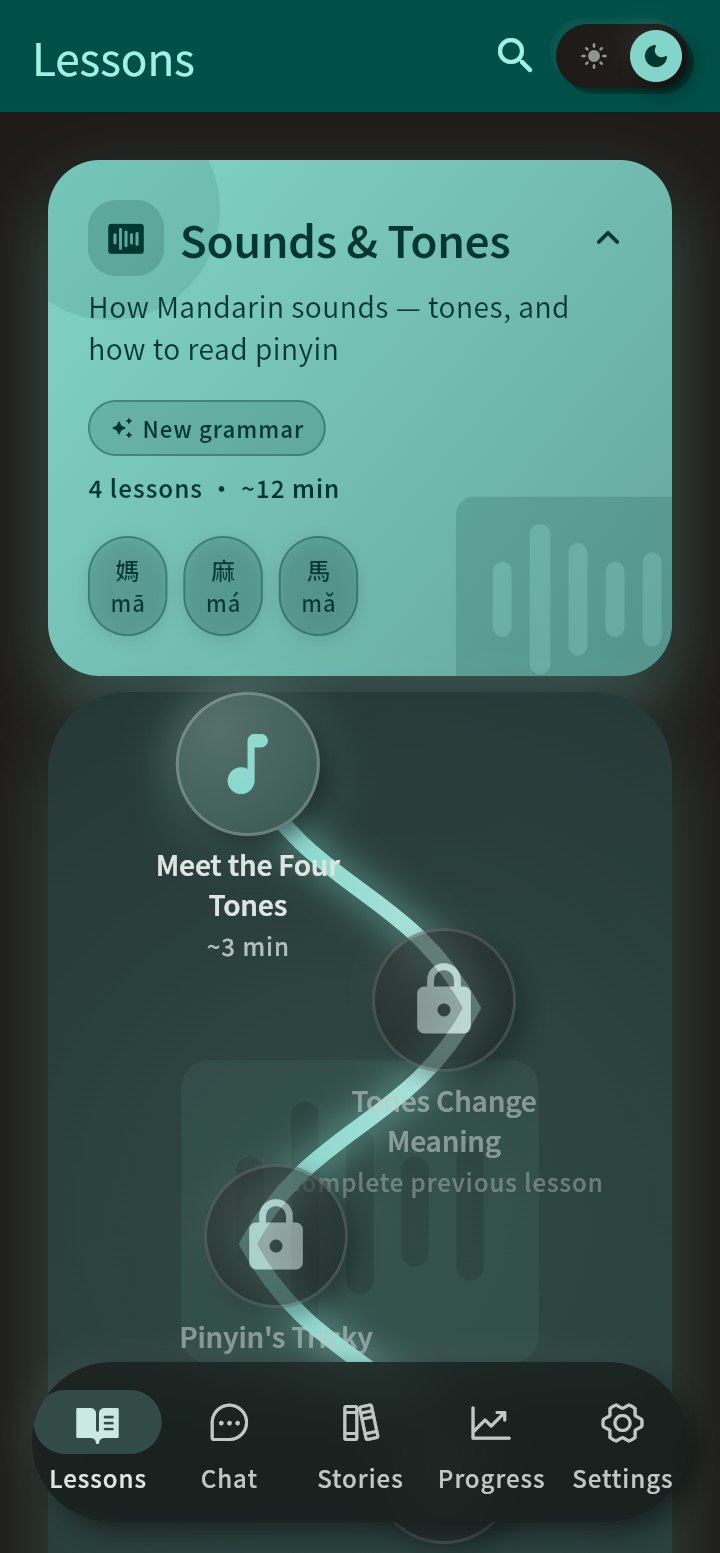 The Lessons tab in dark mode: the Sounds & Tones unit card glowing teal over a deep charcoal background.
