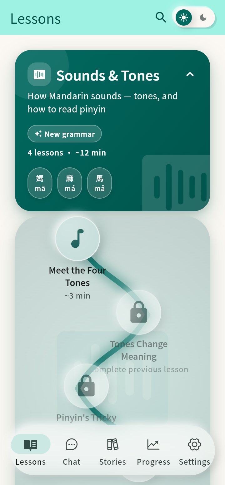 The Lessons tab: the Sounds & Tones intro unit expanded, with a winding trail of lessons and vocabulary preview chips showing 媽, 麻, and 馬.